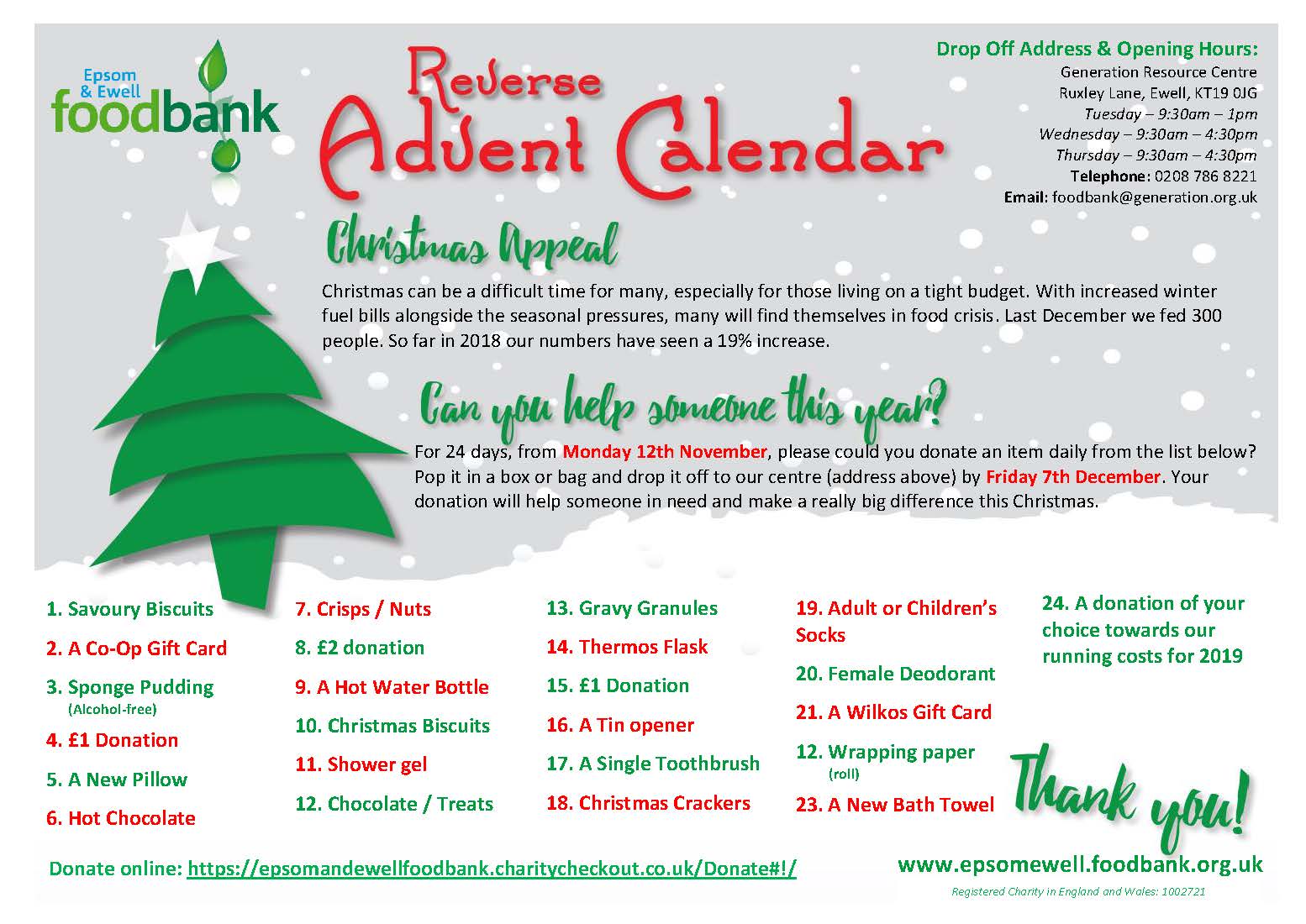 Reverse Advent Calendar Appeal 2018 Epsom And Ewell Foodbank